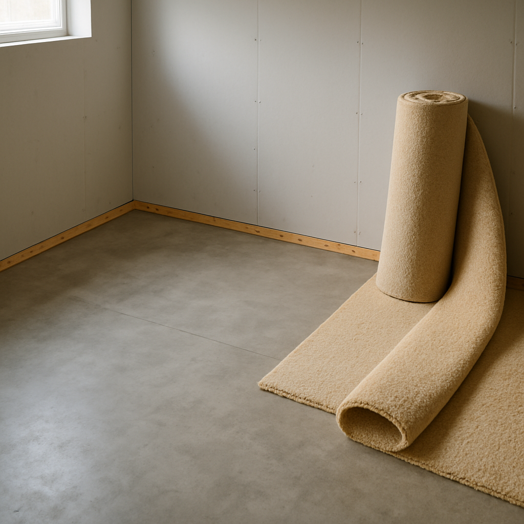 Concrete slab with tack strip installed at wall and partially unrolled carpet