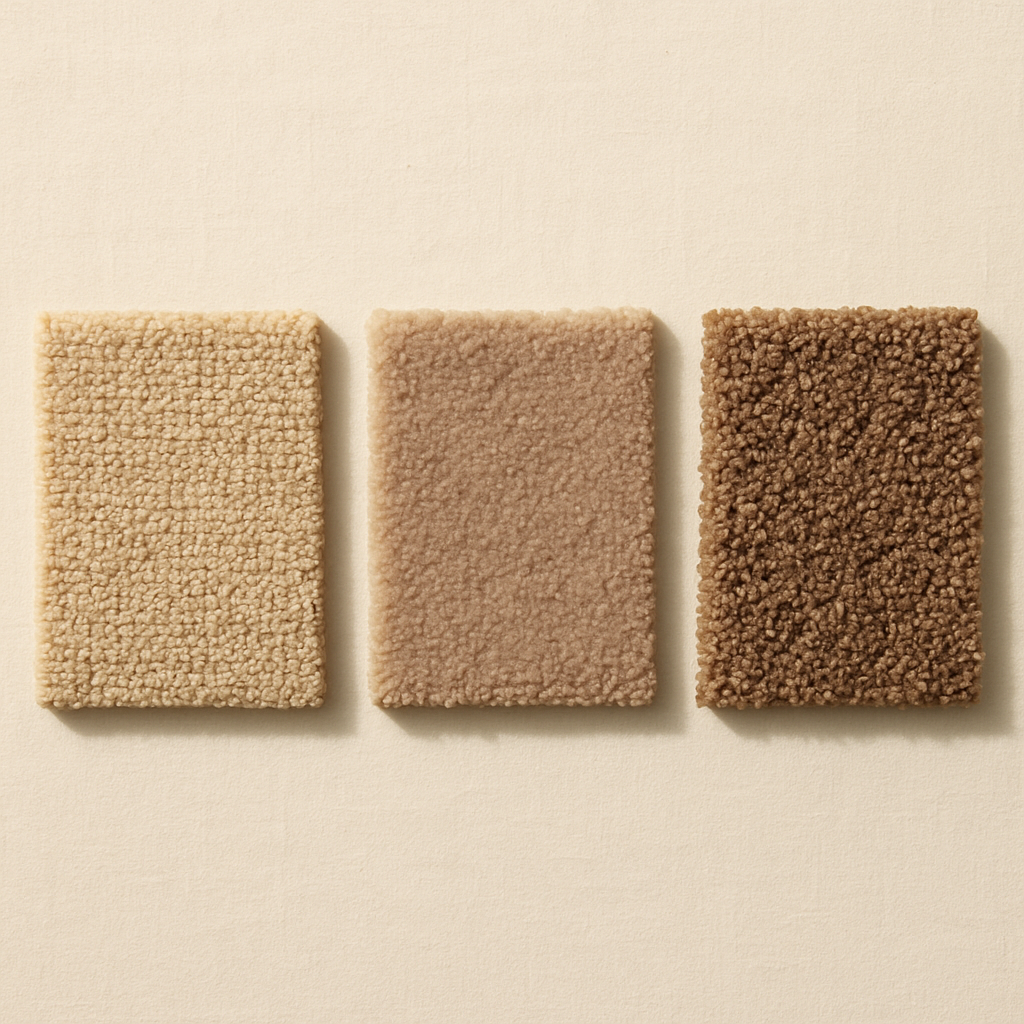 Three carpet samples in flat-lay: tight loop Berber, plush cut pile, and textured frieze
