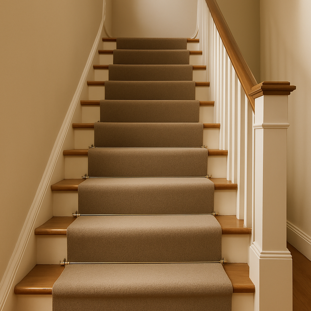Stair runner installed down the centre of stained oak treads with brass rods at each riser